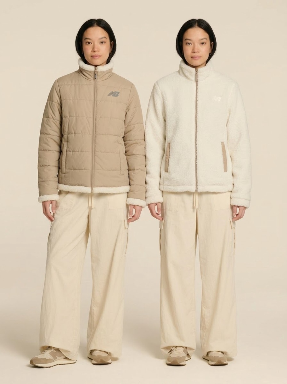 New Balance Women's white tan reversible fleece-lined Puffer Jacket size S